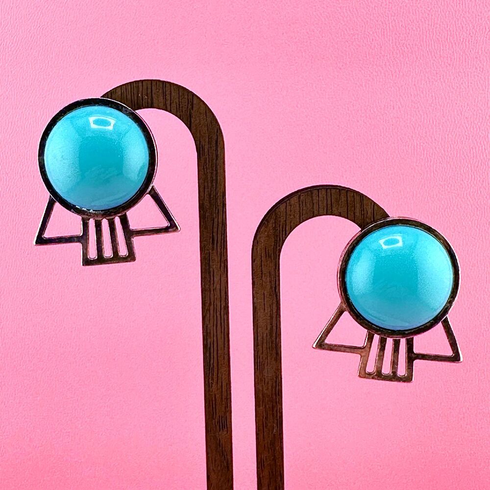 Vintage Clip On Earrings Southwestern Art Deco Style Silver Tone Blue Glass Cab